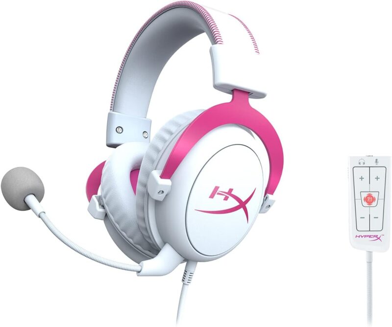 HyperX Cloud II - Gaming Headset, 7.1 Virtual Surround Sound, Memory Foam Ear Pads, Durable Aluminum Frame, Detachable Microphone, Works with PC, PS5, PS4 – White/Pink