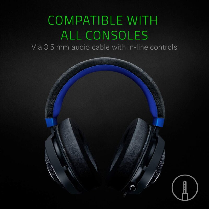 Razer Kraken Gaming Headset: Lightweight Aluminum Frame - Retractable Noise Isolating Microphone - for PC, PS4, PS5, Switch, Xbox One, Xbox Series X & S, Mobile - 3.5 mm Headphone Jack - Black/Blue