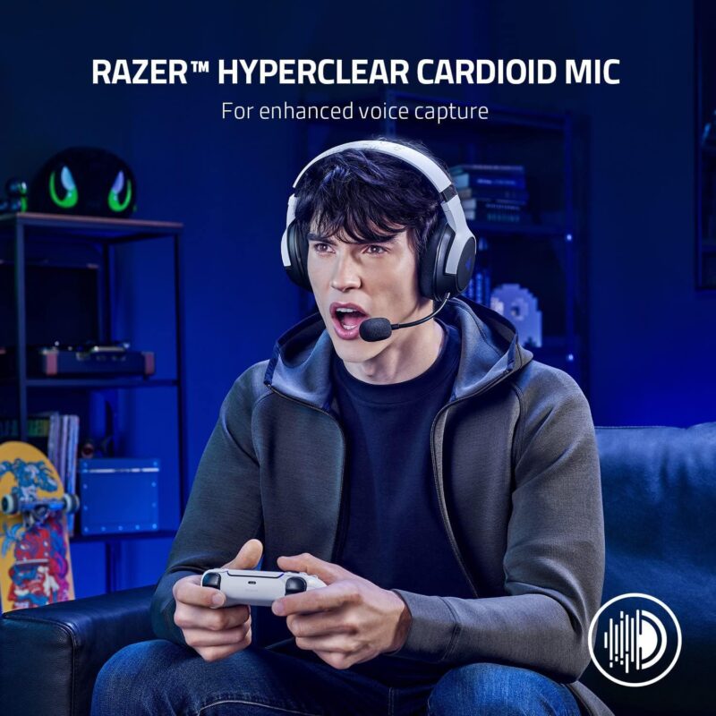 Razer Kaira X Wired Headset for Playstation 5, PC, Mac & Mobile Devices - Triforce 50mm Drivers, HyperClear Cardioid Mic, Flowknit Memory Foam Ear Cushions, On-Headset Controls - White/Black