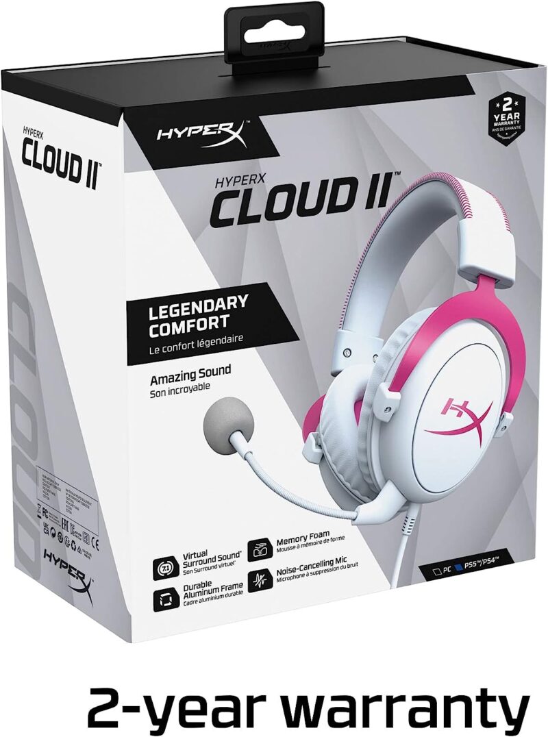 HyperX Cloud II - Gaming Headset, 7.1 Virtual Surround Sound, Memory Foam Ear Pads, Durable Aluminum Frame, Detachable Microphone, Works with PC, PS5, PS4 – White/Pink