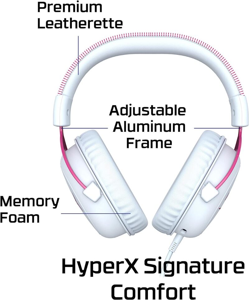 HyperX Cloud II - Gaming Headset, 7.1 Virtual Surround Sound, Memory Foam Ear Pads, Durable Aluminum Frame, Detachable Microphone, Works with PC, PS5, PS4 – White/Pink